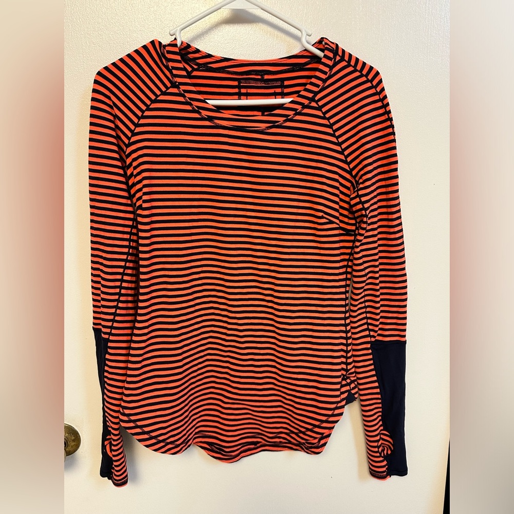 Lululemon Run First Base Orange‎ Navy Blue Striped Long Sleeve Top